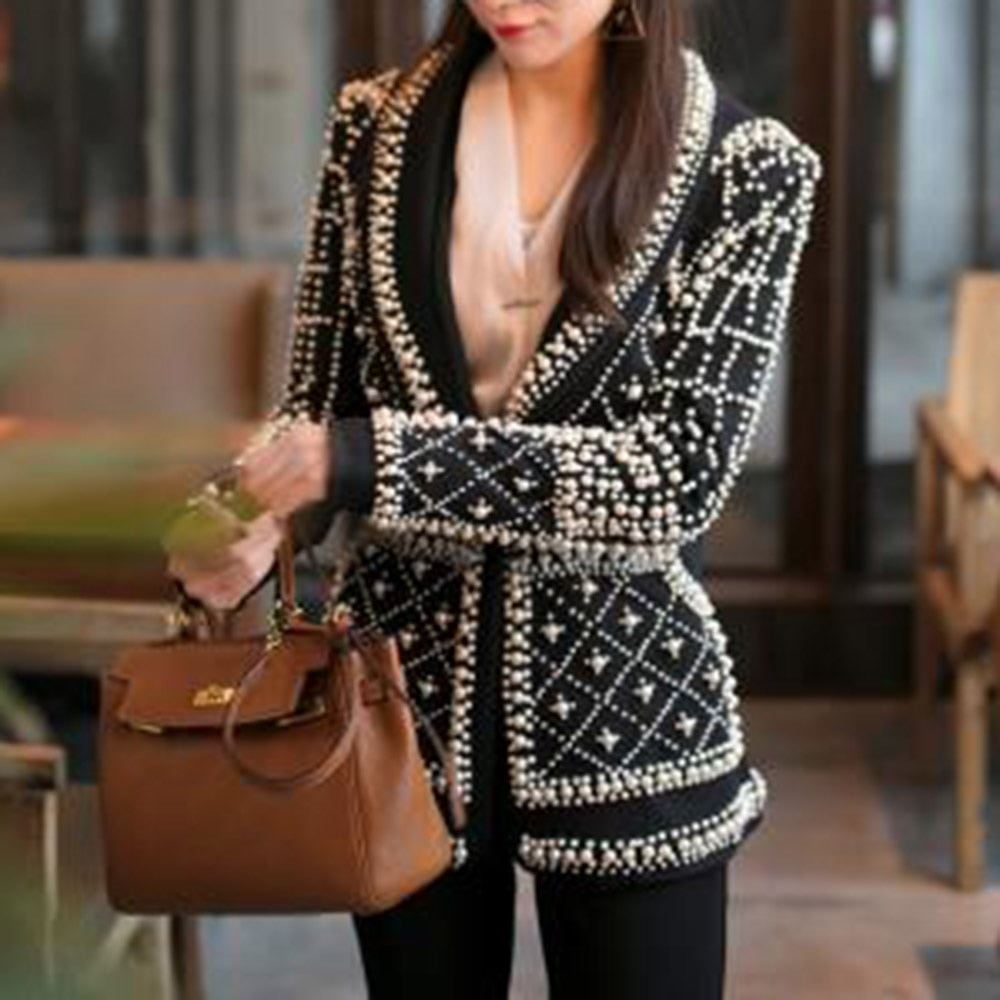 Women Overcoat Beaded Geometric 2021 Autumn Winter Long Sleeves V-Neck Vintage L