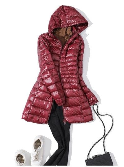 2021 New Winter Jackets Women White Duck Down Long Coat Female Hooded Padded Par