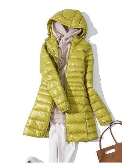 2021 New Winter Jackets Women White Duck Down Long Coat Female Hooded Padded Par