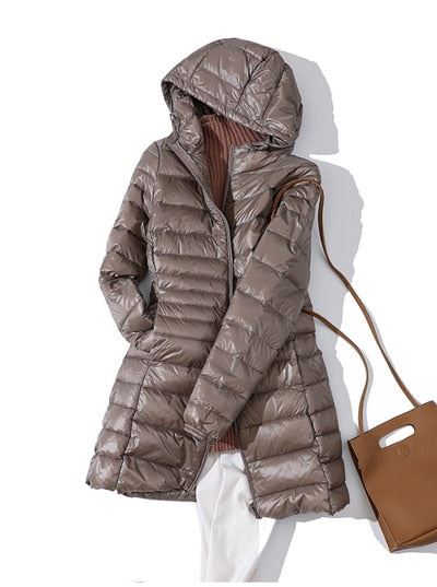 2021 New Winter Jackets Women White Duck Down Long Coat Female Hooded Padded Par