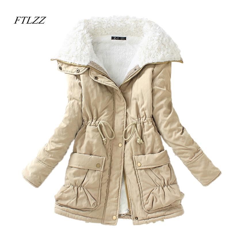 FTLZZ New Winter Parkas Women Slim Cotton Coat Thickness Overcoat Medium-long Pl