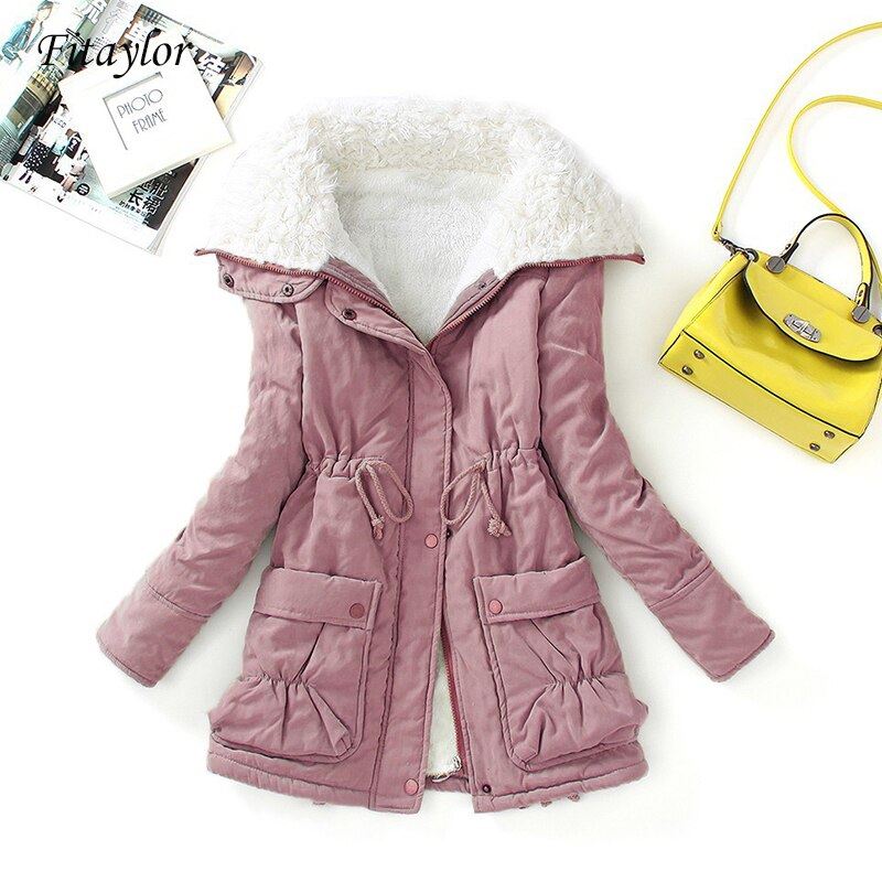 FTLZZ New Winter Parkas Women Slim Cotton Coat Thickness Overcoat Medium-long Pl