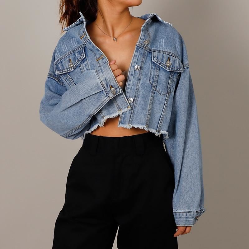 Autumn Women's Denim Cropped Jacket Female Pockets Hole Short Jean Jackets Ladie