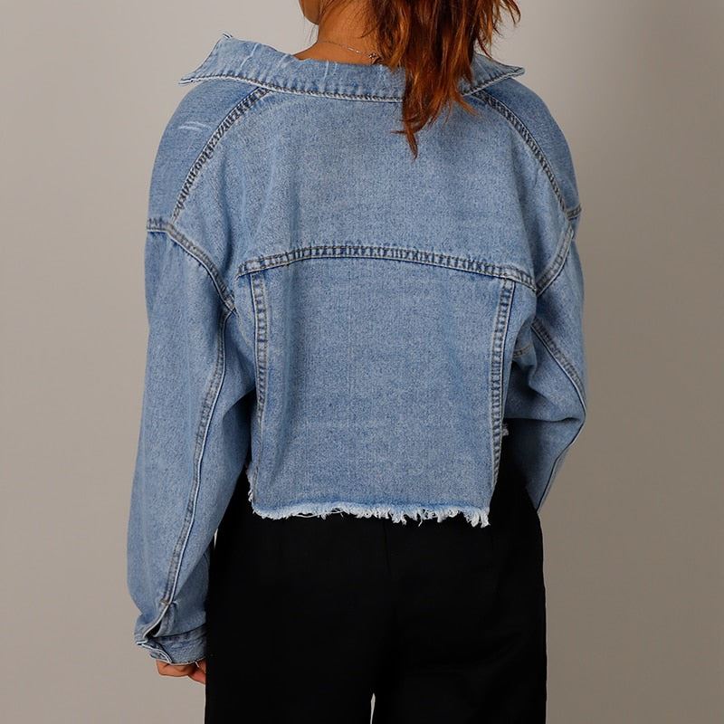 Autumn Women's Denim Cropped Jacket Female Pockets Hole Short Jean Jackets Ladie