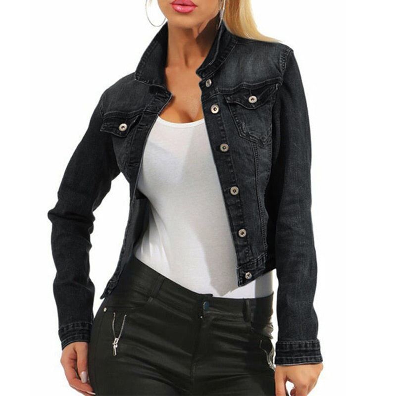 Autumn Women's Denim Cropped Jacket Female Pockets Hole Short Jean Jackets Ladie