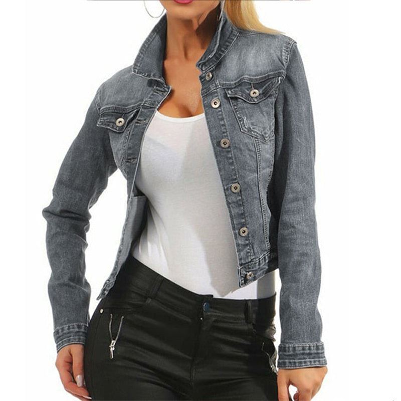 Autumn Women's Denim Cropped Jacket Female Pockets Hole Short Jean Jackets Ladie