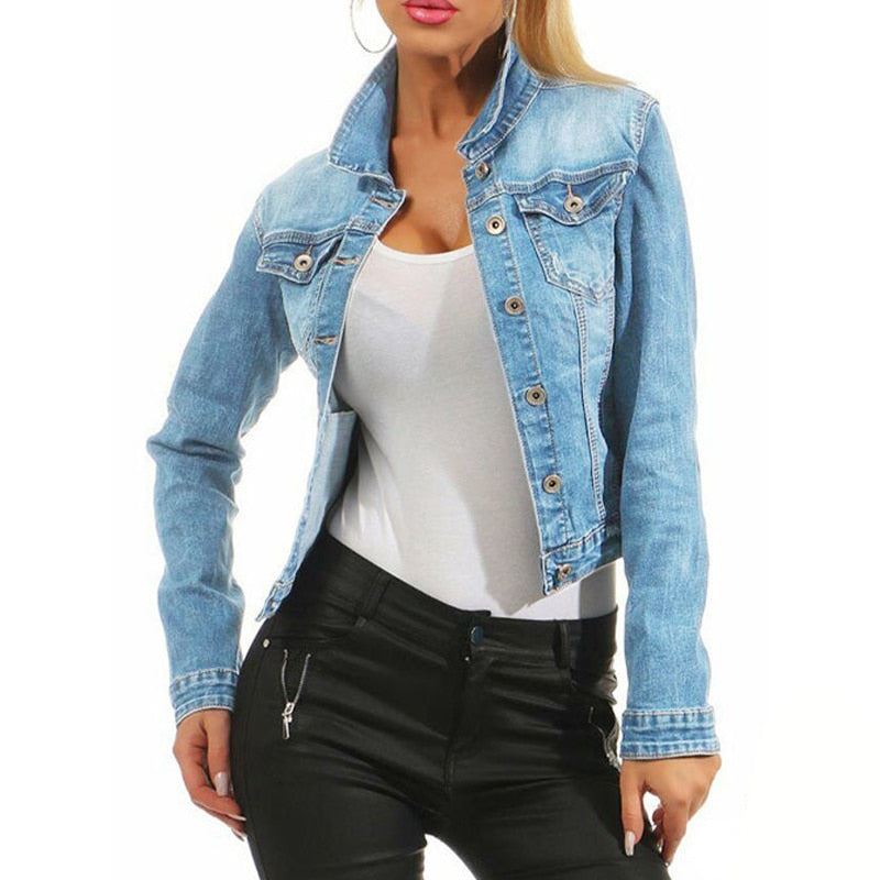 Autumn Women's Denim Cropped Jacket Female Pockets Hole Short Jean Jackets Ladie