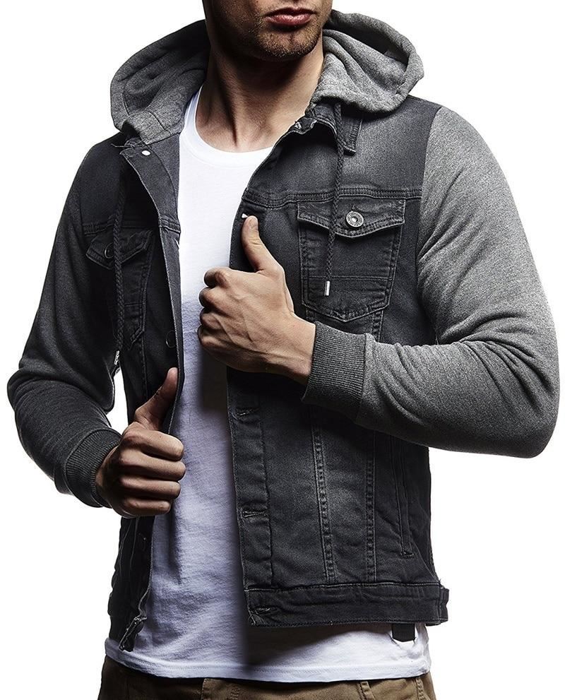 Men's Casual Slim Fit Denim Jacket Color Block Patchwork Sleeve Hooded Jean Jack