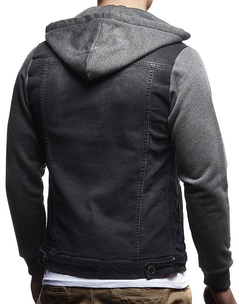 Men's Casual Slim Fit Denim Jacket Color Block Patchwork Sleeve Hooded Jean Jack