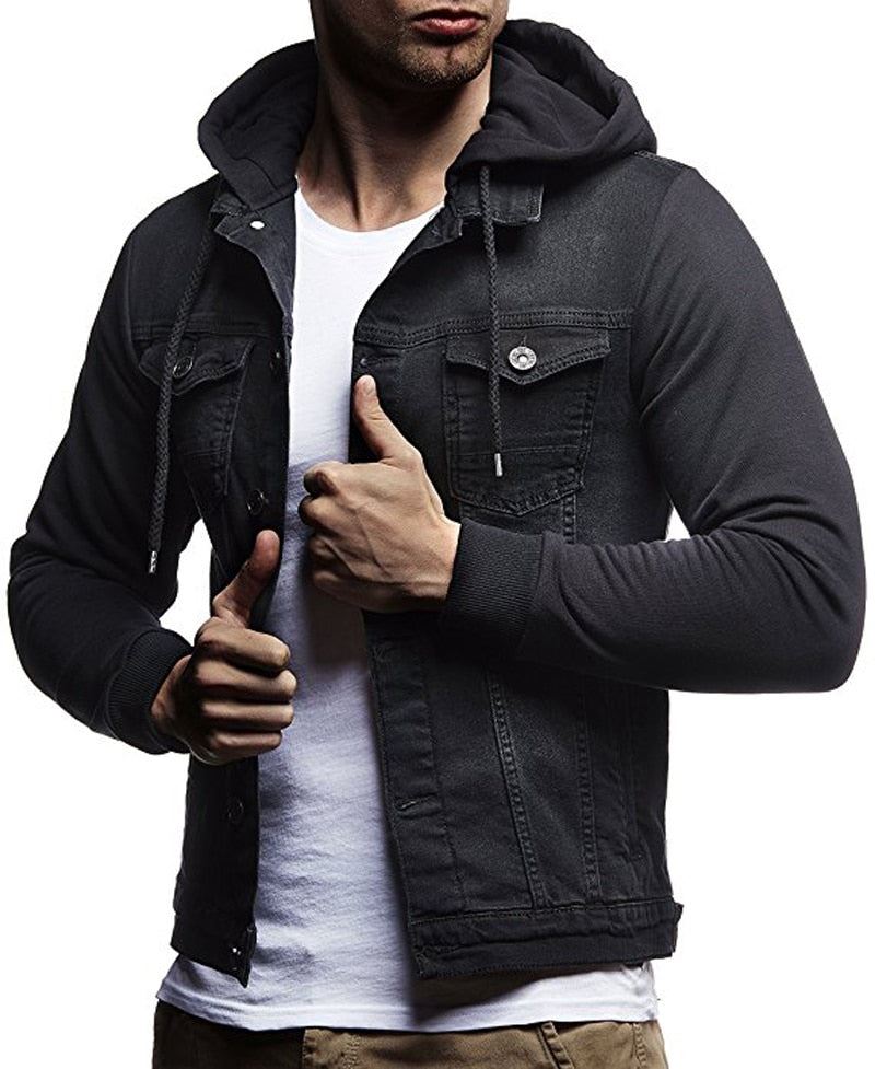 Men's Casual Slim Fit Denim Jacket Color Block Patchwork Sleeve Hooded Jean Jack