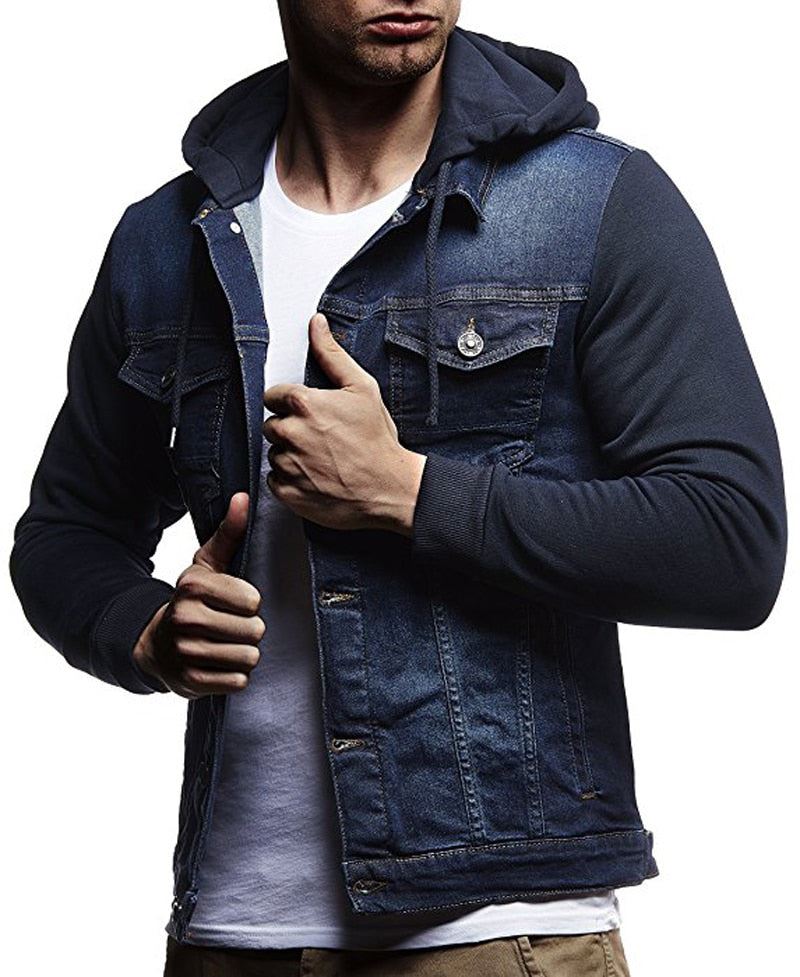 Men's Casual Slim Fit Denim Jacket Color Block Patchwork Sleeve Hooded Jean Jack