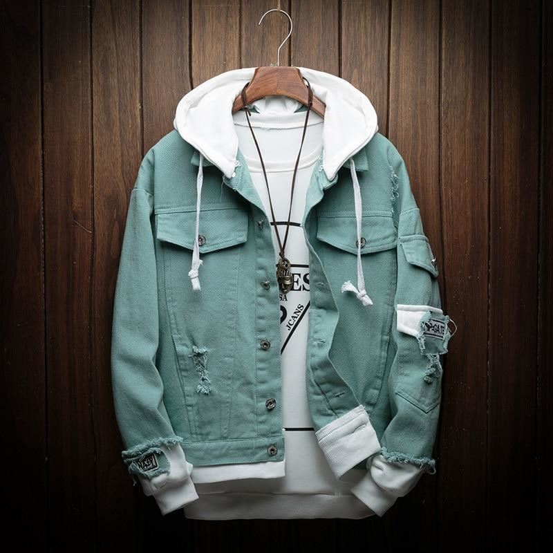 Newest Autumn Slim Hooded Denim Jacket Men Fashion Fake Two Pieces of Streetwear