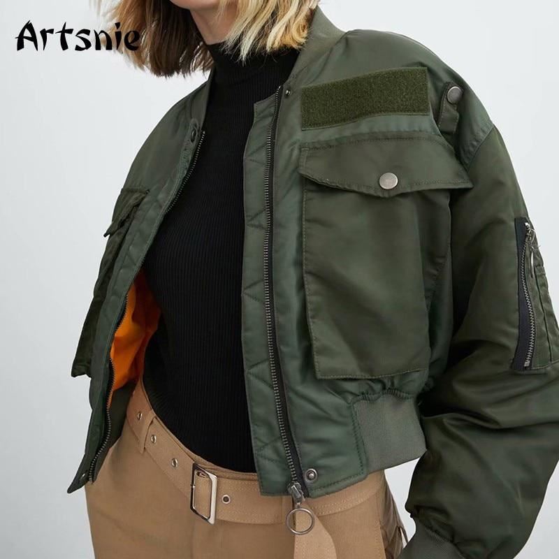 Artsnie Autumn 2020 Bomber Jacket Women Army Green Warm Zipper Pockets Winter Co