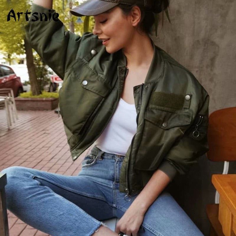 Artsnie Autumn 2020 Bomber Jacket Women Army Green Warm Zipper Pockets Winter Co