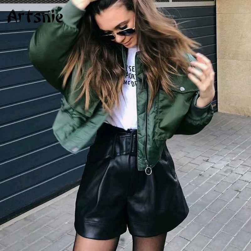 Artsnie Autumn 2020 Bomber Jacket Women Army Green Warm Zipper Pockets Winter Co