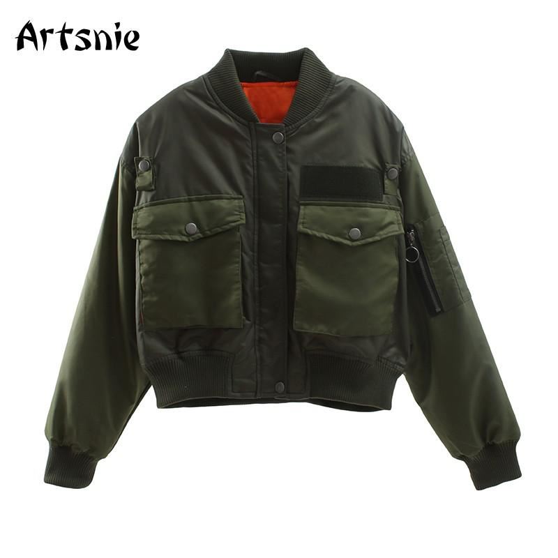 Artsnie Autumn 2020 Bomber Jacket Women Army Green Warm Zipper Pockets Winter Co