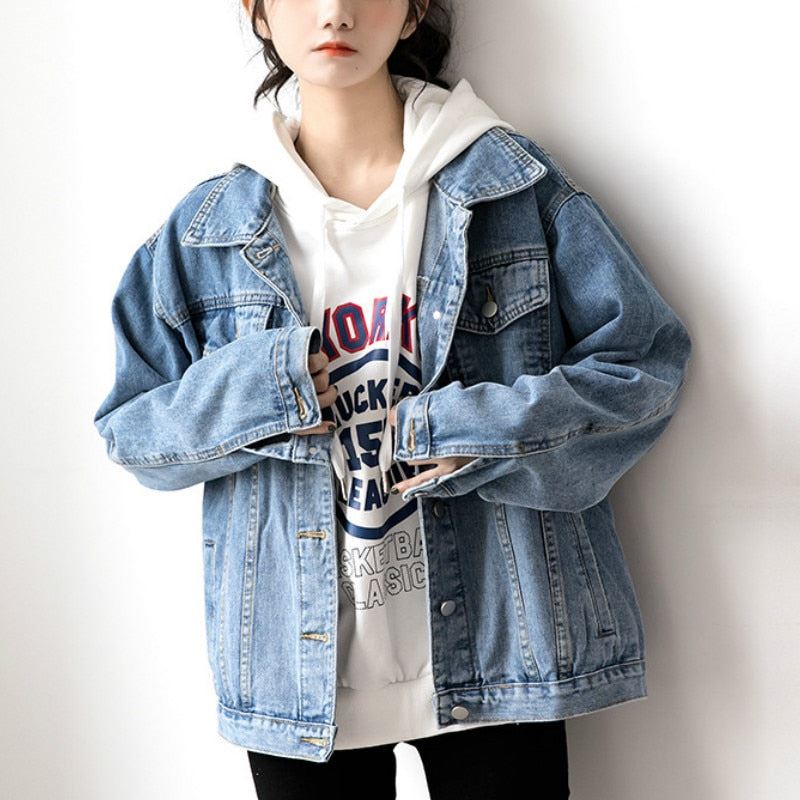 Denim Woman Jacket Winter 2021 Oversize Jean Jacket Long Sleeve Turn-down Collar