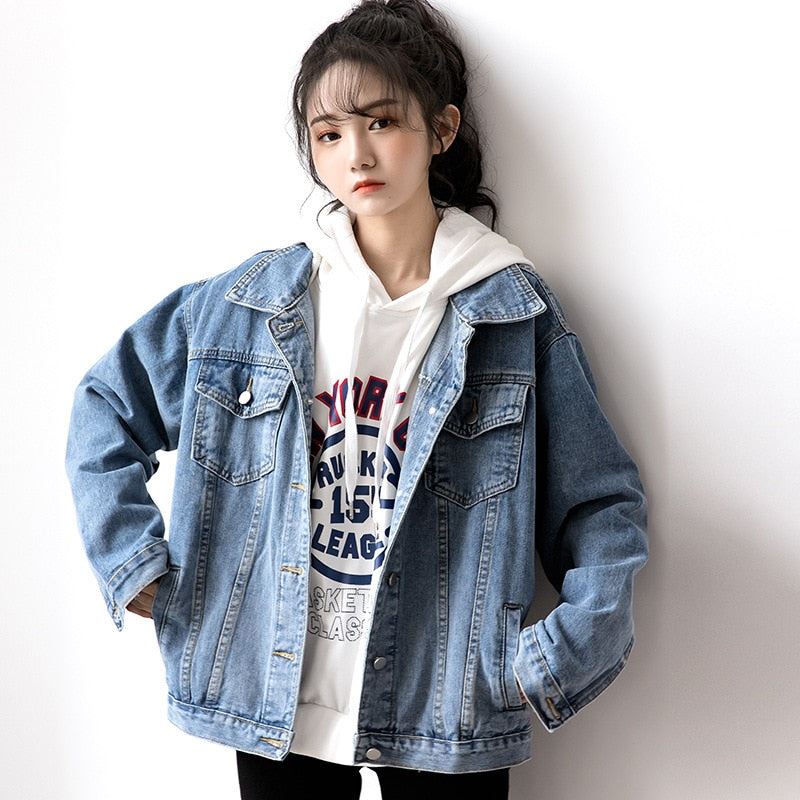 Denim Woman Jacket Winter 2021 Oversize Jean Jacket Long Sleeve Turn-down Collar