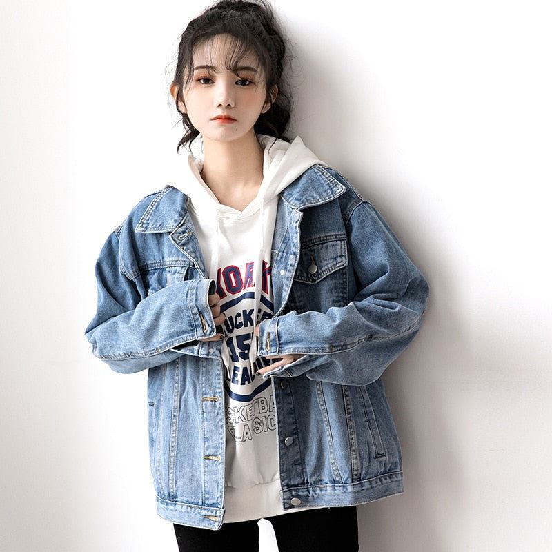 Denim Woman Jacket Winter 2021 Oversize Jean Jacket Long Sleeve Turn-down Collar