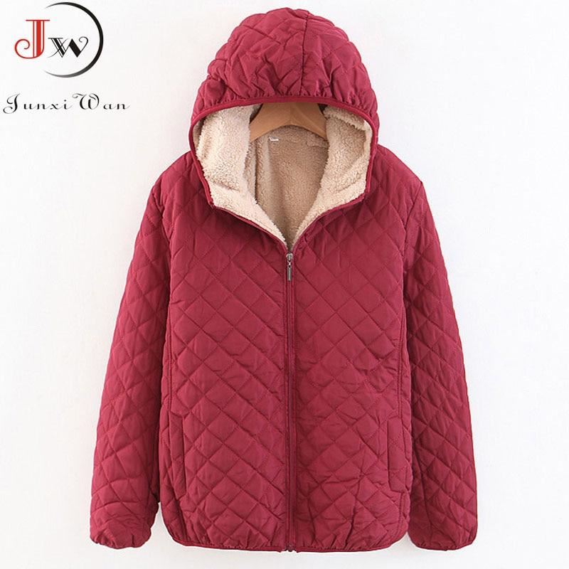 Women Autumn Winter Parkas Coat Jackets Female Lamb Hooded Plaid Long Sleeve War