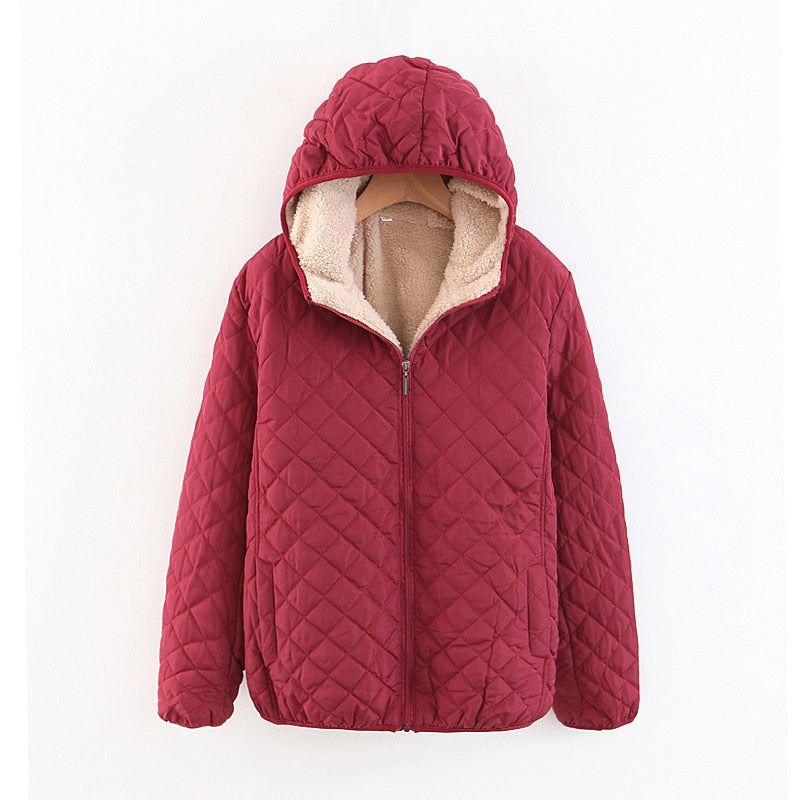 Women Autumn Winter Parkas Coat Jackets Female Lamb Hooded Plaid Long Sleeve