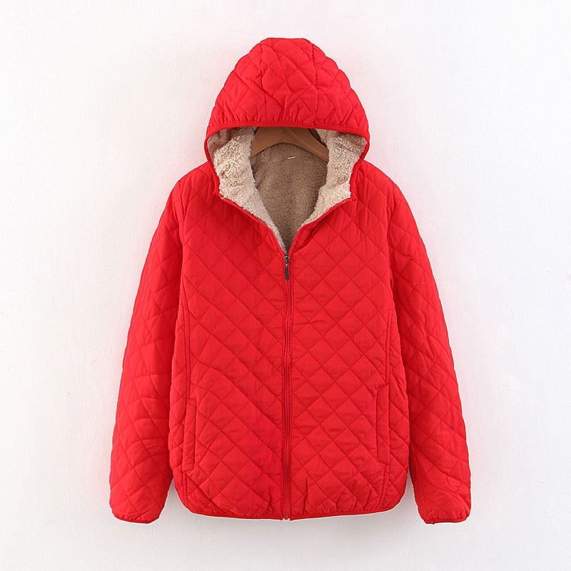 Women Autumn Winter Parkas Coat Jackets Female Lamb Hooded Plaid Long Sleeve