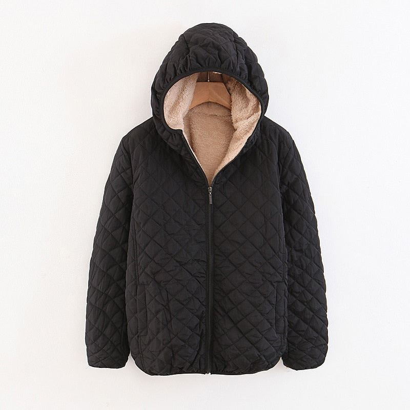 Women Autumn Winter Parkas Coat Jackets Female Lamb Hooded Plaid Long Sleeve