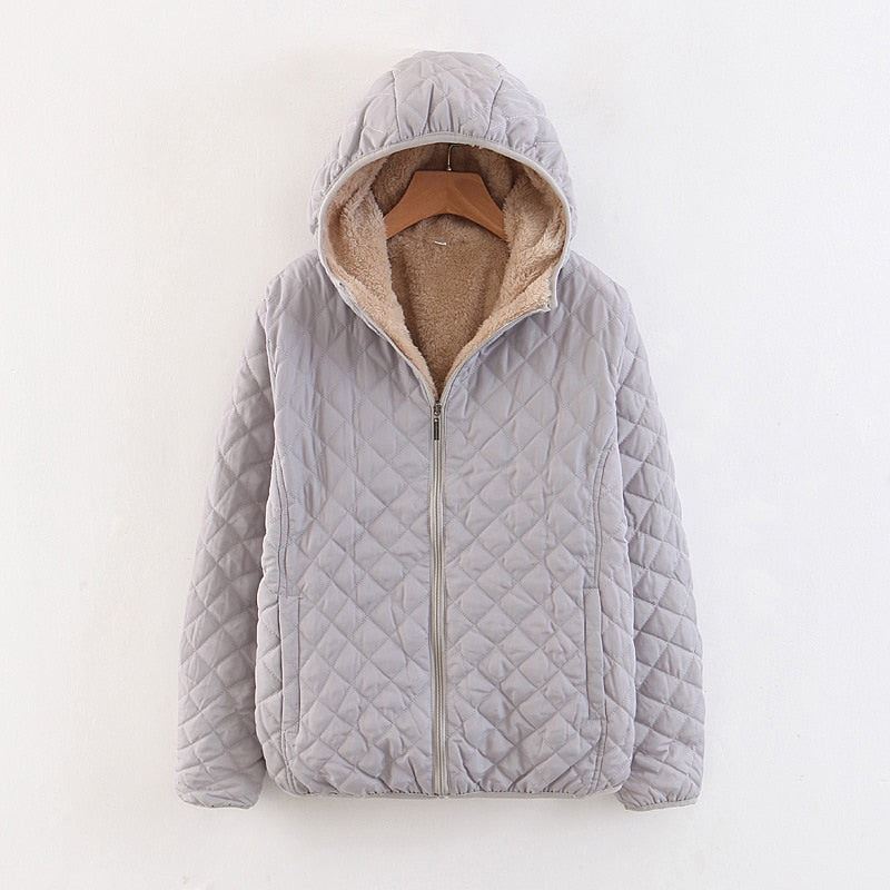 Women Autumn Winter Parkas Coat Jackets Female Lamb Hooded Plaid Long Sleeve