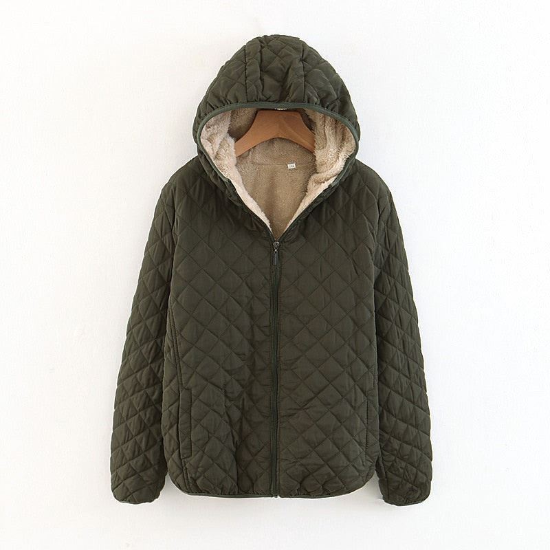 Women Autumn Winter Parkas Coat Jackets Female Lamb Hooded Plaid Long Sleeve