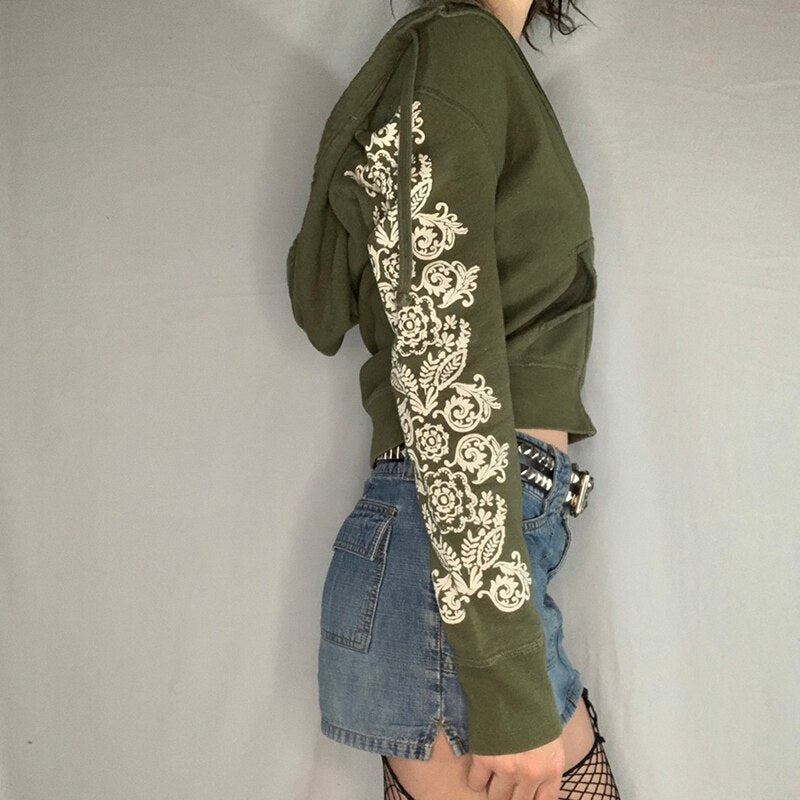 Rockmore Printed Crop Hooded Jackets Streetwear Y2K Vintage Cotton Coats Autumn