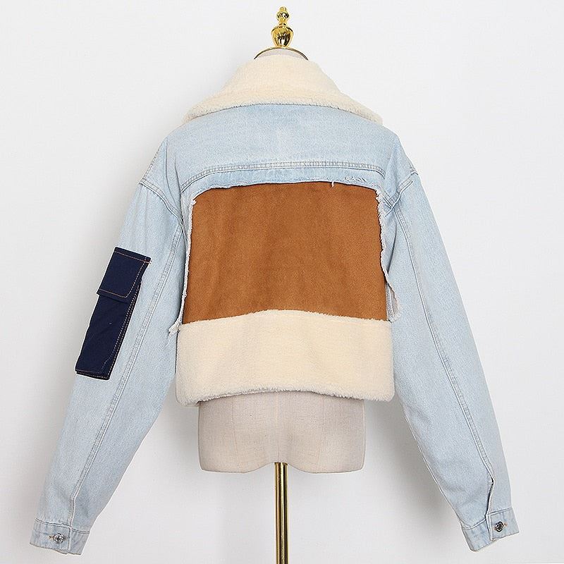 TWOTWINSTYLE Patchowork Lambswool Denim Jacket For Women Lapel Long Sleeve Tassel