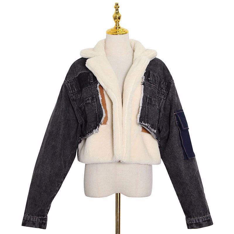 TWOTWINSTYLE Patchowork Lambswool Denim Jacket For Women Lapel Long Sleeve Tassel