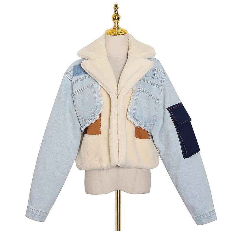 TWOTWINSTYLE Patchowork Lambswool Denim Jacket For Women Lapel Long Sleeve Tassel