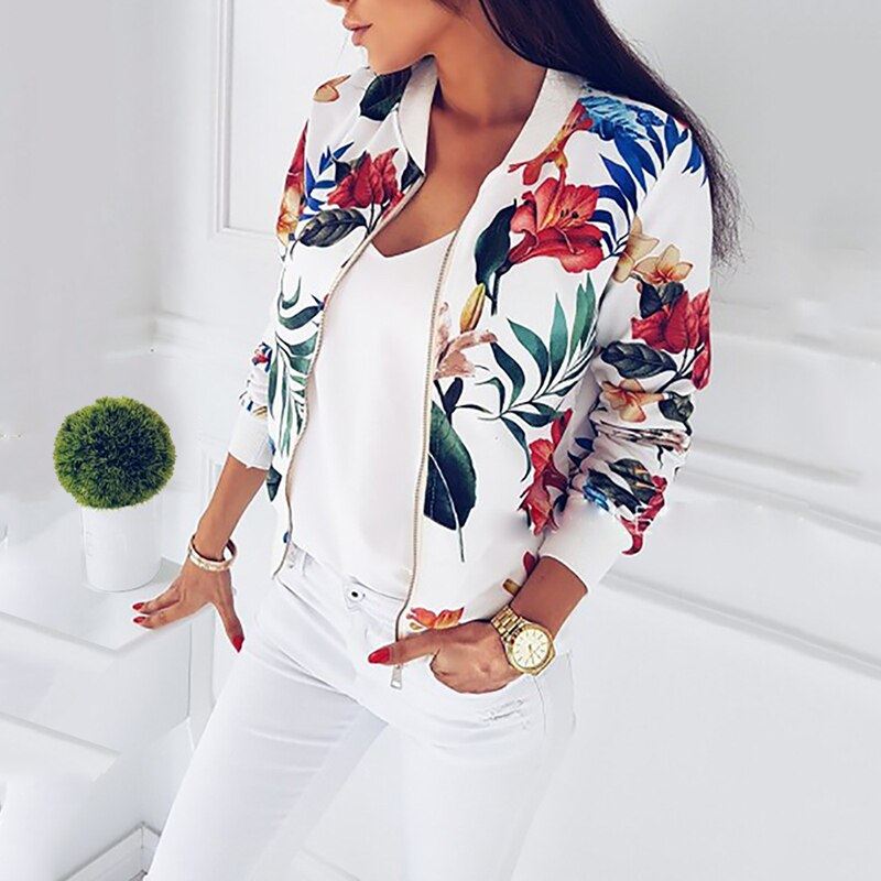 Women Floral Printed Jackets Spring Summer Long Sleeve Zipper Bomber Outwear Cas