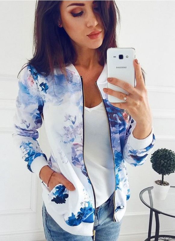 Women Floral Printed Jackets Spring Summer Long Sleeve Zipper Bomber Outwear Cas