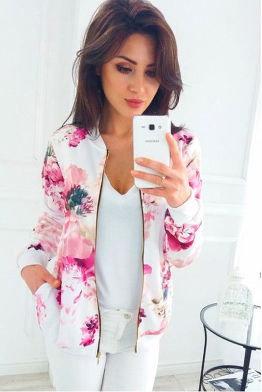 Women Floral Printed Jackets Spring Summer Long Sleeve Zipper Bomber Outwear Cas