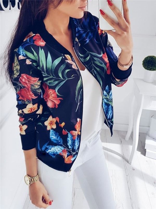 Women Floral Printed Jackets Spring Summer Long Sleeve Zipper Bomber Outwear Cas