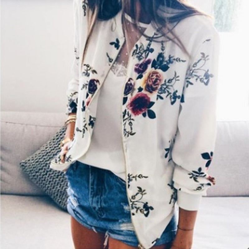 Women Floral Printed Jackets Spring Summer Long Sleeve Zipper Bomber Outwear Cas