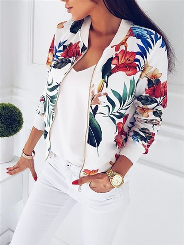 Women Floral Printed Jackets Spring Summer Long Sleeve Zipper Bomber Outwear Cas