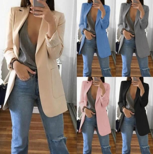 Women's Casual Mid Coat Lapel Slim Cardigan Outdoor Work Suit Jackets Open Front