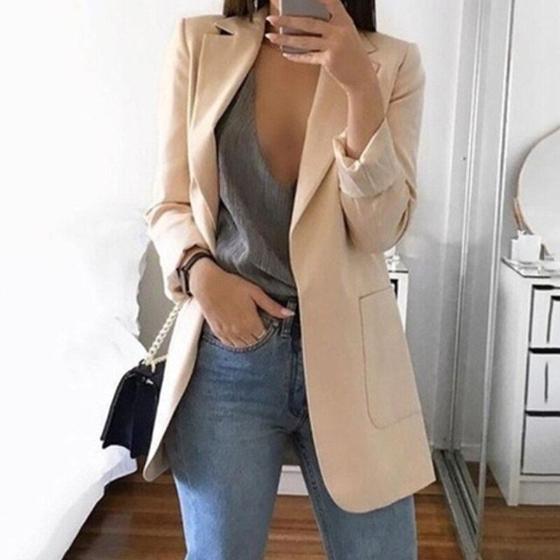 Women's Casual Mid Coat Lapel Slim Cardigan Outdoor Work Suit Jackets Open Front