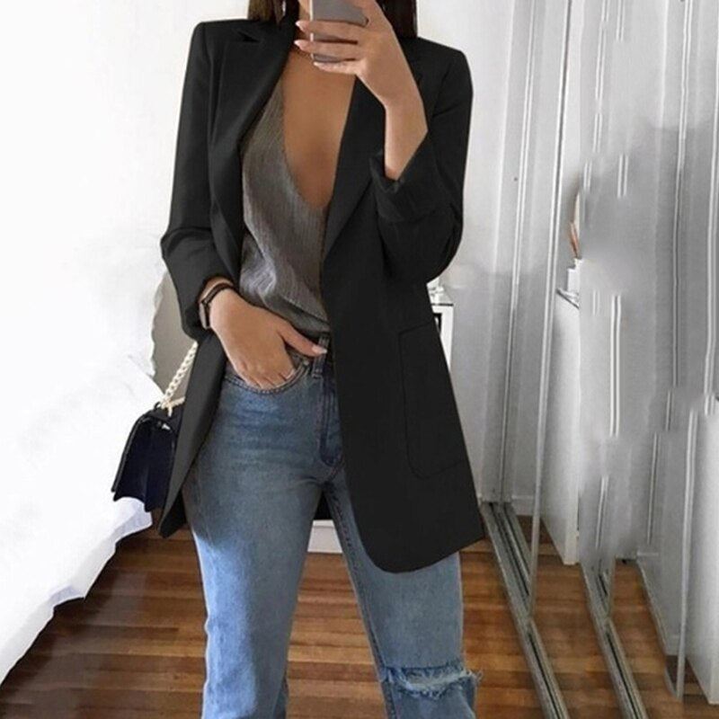 Women's Casual Mid Coat Lapel Slim Cardigan Outdoor Work Suit Jackets Open Front