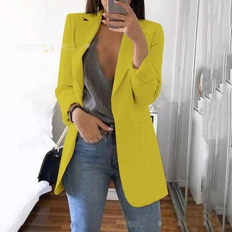 Women's Casual Mid Coat Lapel Slim Cardigan Outdoor Work Suit Jackets Open Front