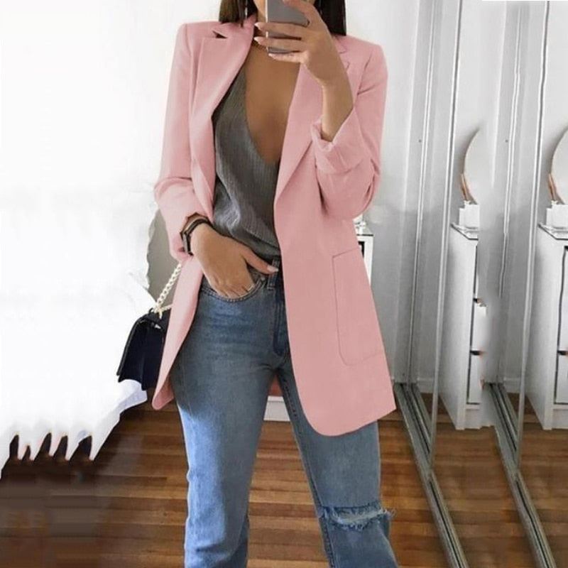 Women's Casual Mid Coat Lapel Slim Cardigan Outdoor Work Suit Jackets Open Front