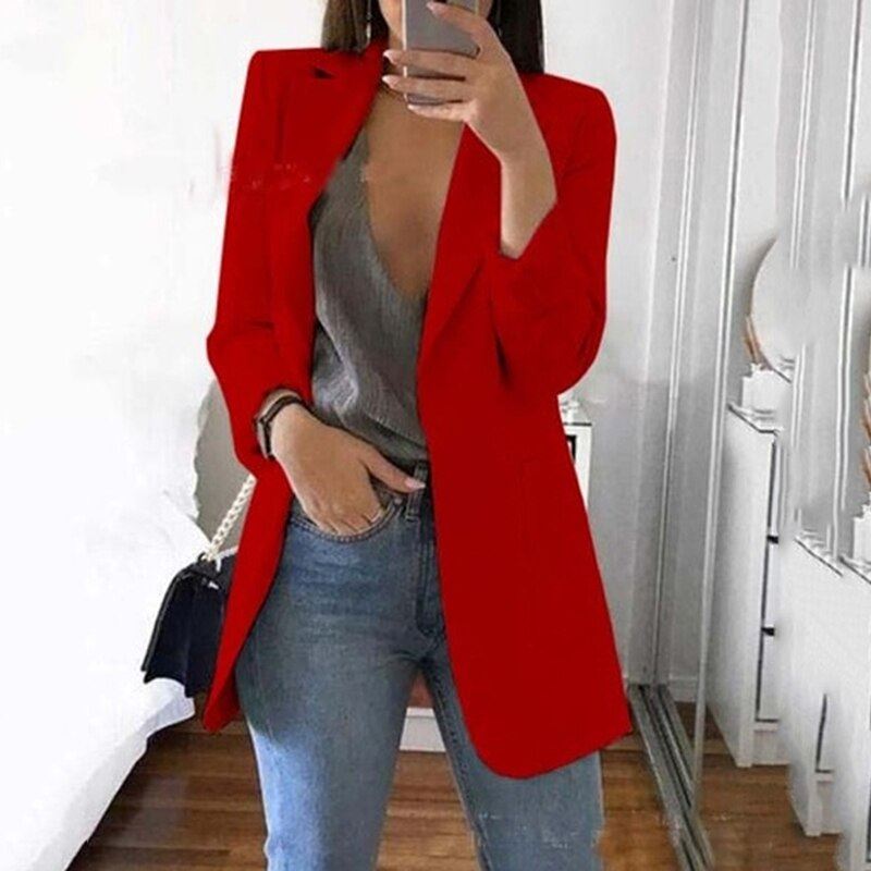 Women's Casual Mid Coat Lapel Slim Cardigan Outdoor Work Suit Jackets Open Front