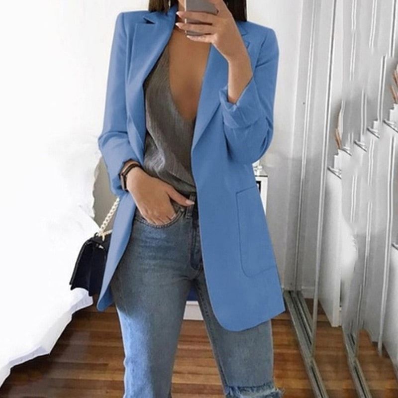 Women's Casual Mid Coat Lapel Slim Cardigan Outdoor Work Suit Jackets Open Front