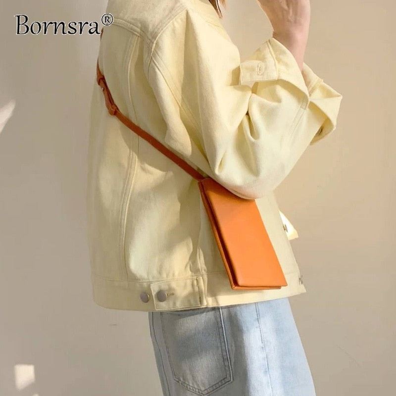 Bornsra Stylish 100% Cotton Denim Jacket Female 2021 Spring Single Breasted Pock