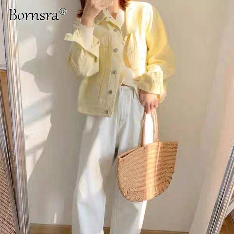 Bornsra Stylish 100% Cotton Denim Jacket Female 2021 Spring Single Breasted Pock