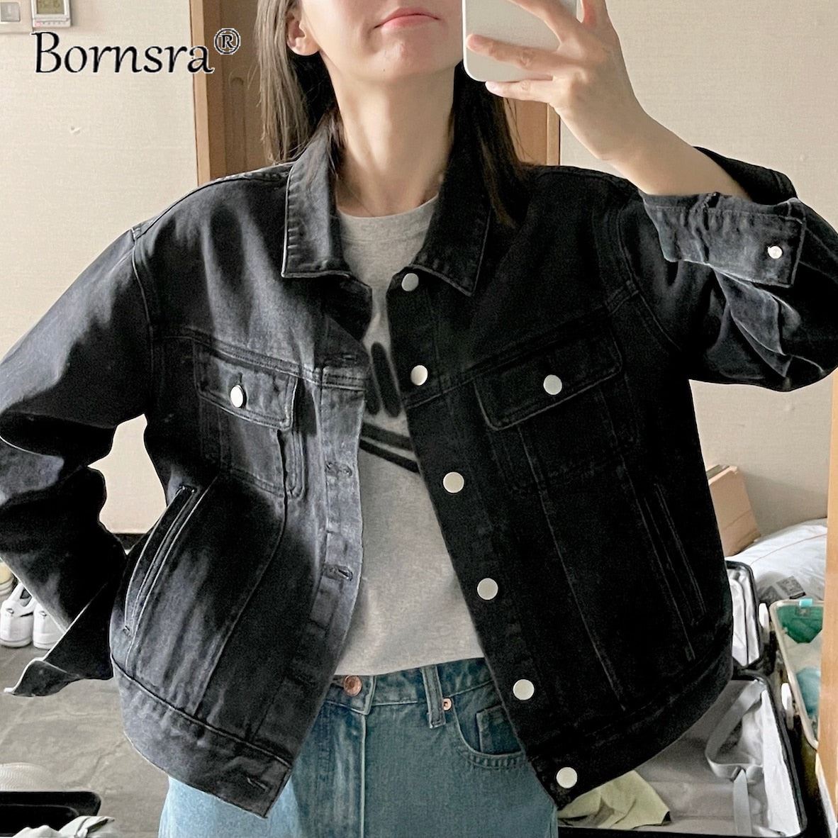 Bornsra Stylish 100% Cotton Denim Jacket Female 2021 Spring Single Breasted Pock