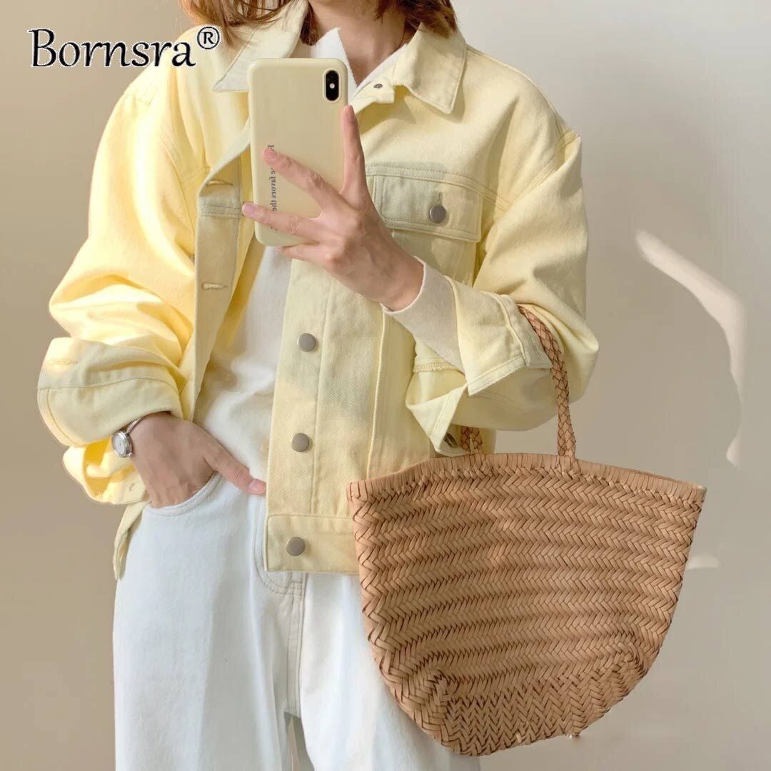 Bornsra Stylish 100% Cotton Denim Jacket Female 2021 Spring Single Breasted Pock